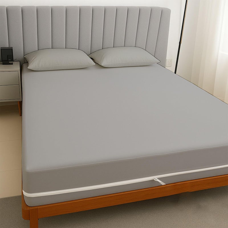 Cottingon Full 1 PC Zipper Fitted Sheet, Brushed Premium Quality Microfiber, Soft Shrinkage and Fade Resistant Bottom Sheet fits Upto 16 Inch Deep Pocket, Zipper Mattress Cover, Light Grey - Image 1