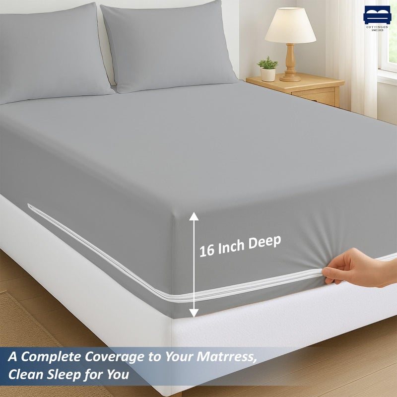 Cottingon Full 1 PC Zipper Fitted Sheet, Brushed Premium Quality Microfiber, Soft Shrinkage and Fade Resistant Bottom Sheet fits Upto 16 Inch Deep Pocket, Zipper Mattress Cover, Light Grey - Image 5