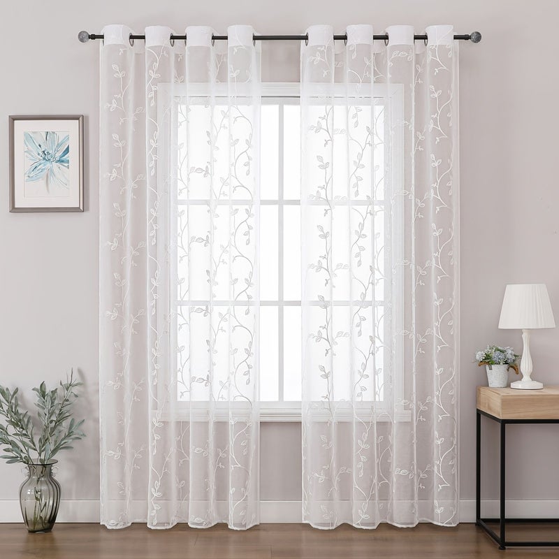 2pcs White Leaf Embroidery Voile Curtains 150x300cm Semi Transparent Easy Install Nordic Style For Bedroom Living Room - Image 1