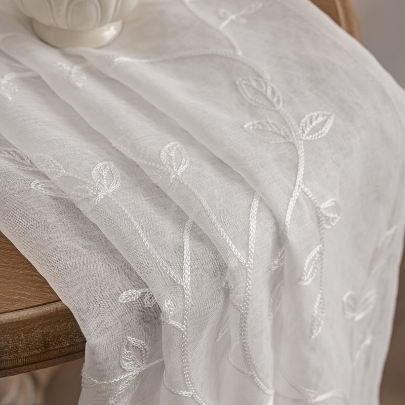 2pcs White Leaf Embroidery Voile Curtains 150x300cm Semi Transparent Easy Install Nordic Style For Bedroom Living Room - Image 4