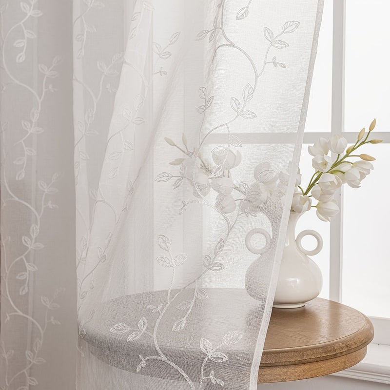 2pcs White Leaf Embroidery Voile Curtains 150x300cm Semi Transparent Easy Install Nordic Style For Bedroom Living Room - Image 5
