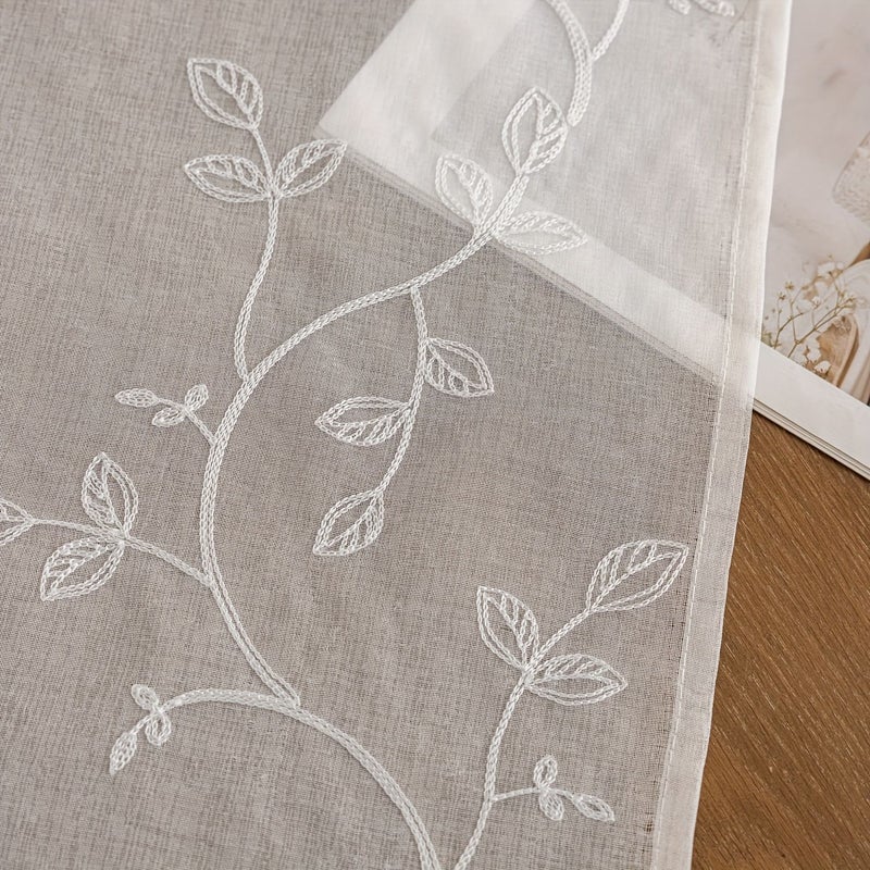 2pcs White Leaf Embroidery Voile Curtains 150x300cm Semi Transparent Easy Install Nordic Style For Bedroom Living Room - Image 2