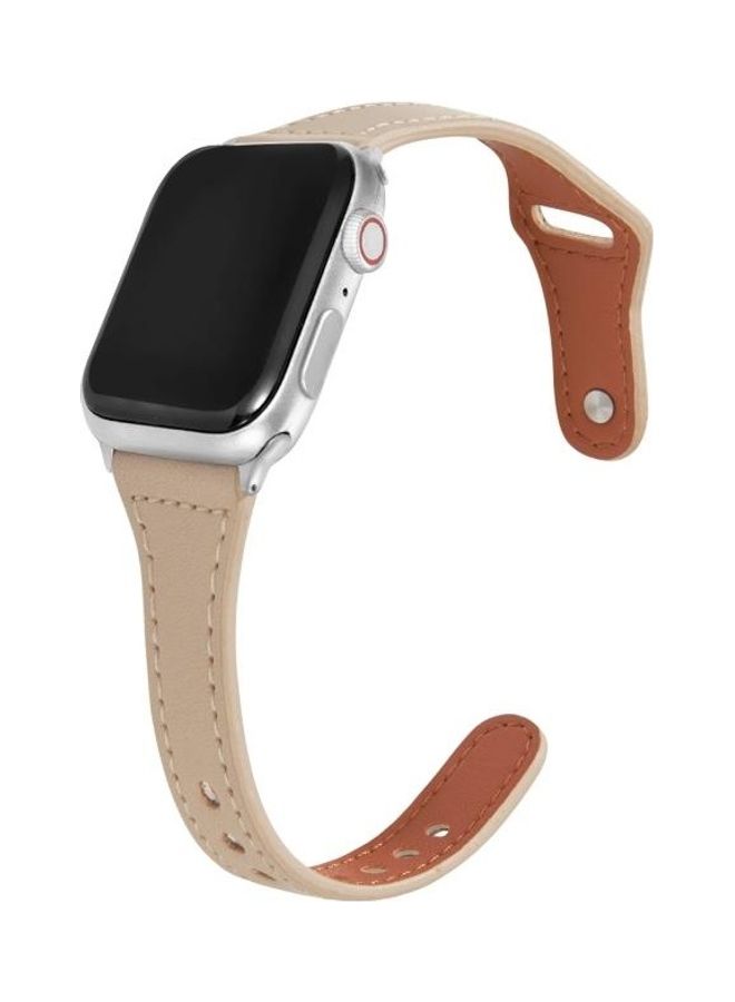 NIBEMINENT Universal T-shaped Thin Reverse Buckle Watch Strap For Apple Series 7 45mm/6 & SE 5 4 44mm/3 2 1 42mm Beige - Image 3