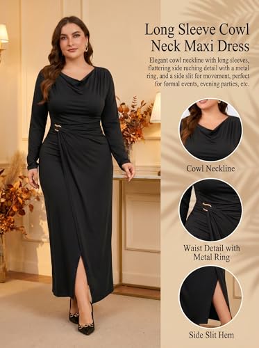 Ekaliy Women's Elegant Cowl Neck Bodycon Maxi Dress Long Sleeve Party Cocktail Wedding Guest Dress Black Formal Dresses 2XL - Image 5