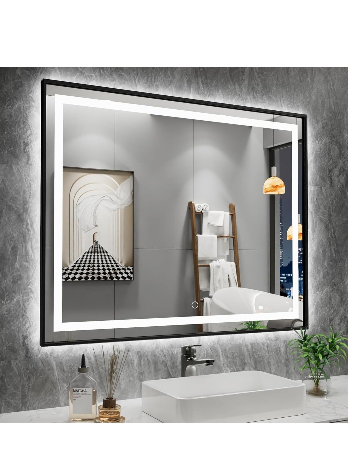 Vparty Framed LED Bathroom Mirror Dimmable Anti Fog Large Lighted Bathroom Mirrors - Wall Mounted Front Lit LED Vanity Mirror Gold Frame 3 LED Lights Mirror 