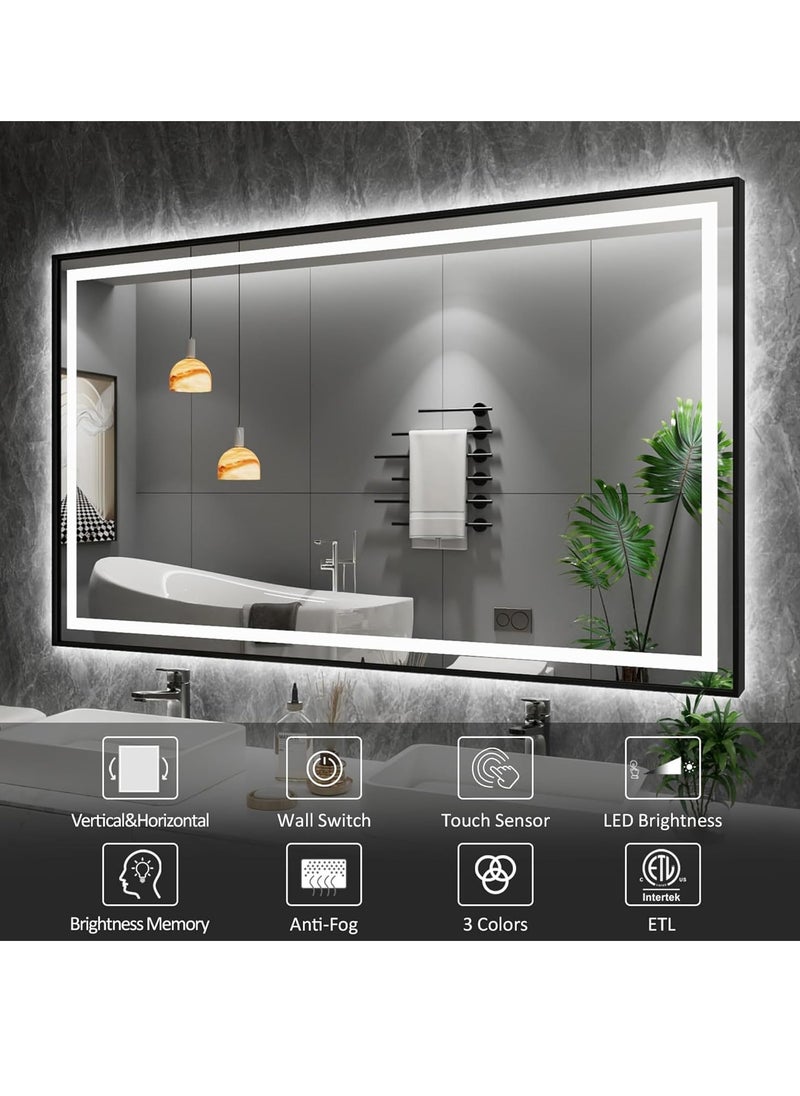 LED Framed Bathroom Mirror – Dimmable Anti-Fog Lighted Vanity Mirror, Black Aluminum Frame, 3 Color Temperatures, Adjustable Brightness, Touch Sensor, Wall Switch, Front & Back Lighting, Modern Home Décor (150 x 90 cm)