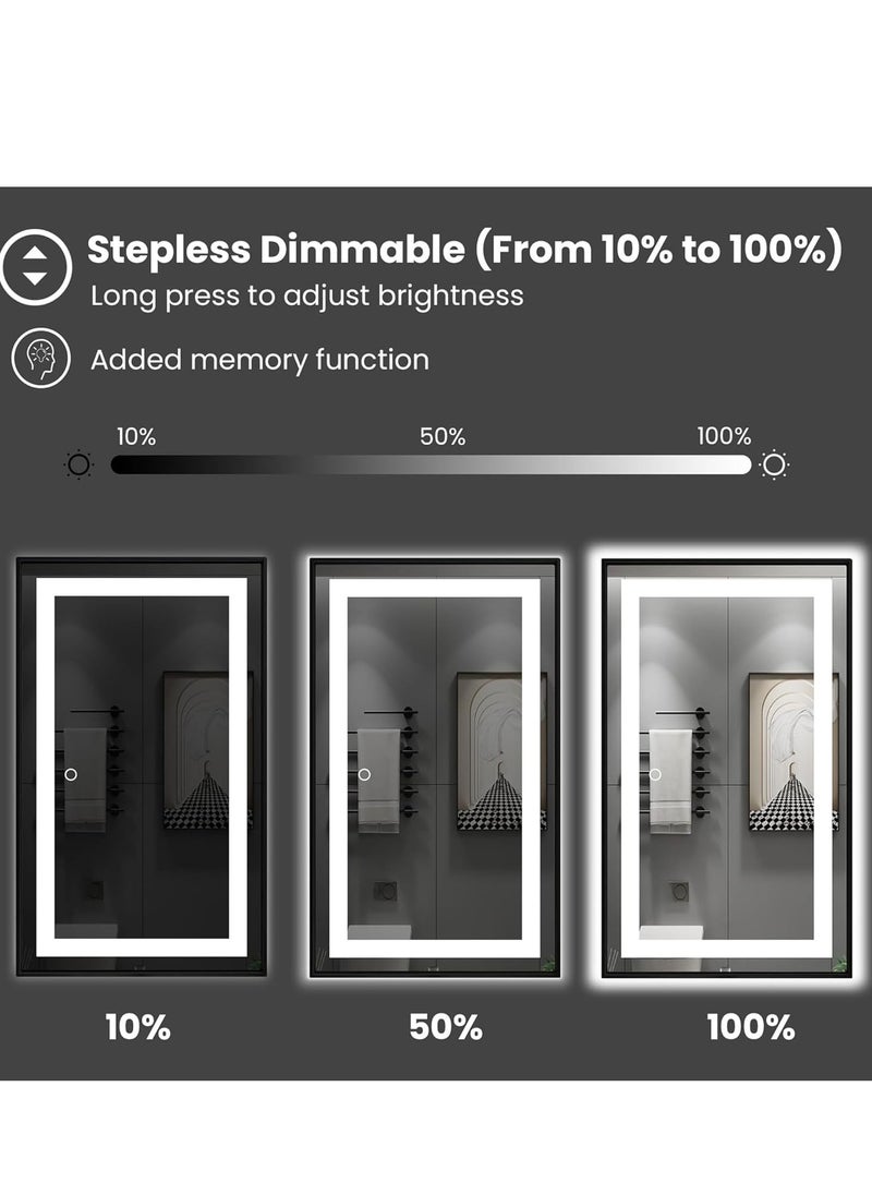 LED Framed Bathroom Mirror – Dimmable Anti-Fog Lighted Vanity Mirror, Black Aluminum Frame, 3 Color Temperatures, Adjustable Brightness, Touch Sensor, Wall Switch, Front & Back Lighting, Modern Home Décor (150 x 90 cm)