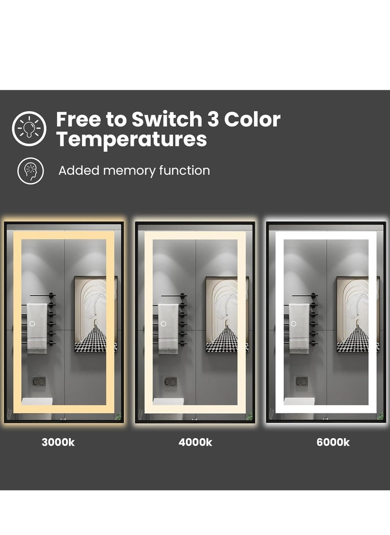 LED Framed Bathroom Mirror – Dimmable Anti-Fog Lighted Vanity Mirror, Black Aluminum Frame, 3 Color Temperatures, Adjustable Brightness, Touch Sensor, Wall Switch, Front & Back Lighting, Modern Home Décor (150 x 90 cm)