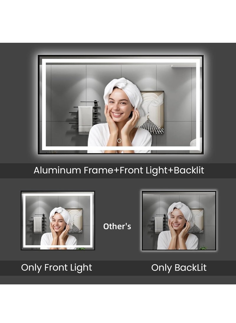 LED Framed Bathroom Mirror – Dimmable Anti-Fog Lighted Vanity Mirror, Black Aluminum Frame, 3 Color Temperatures, Adjustable Brightness, Touch Sensor, Wall Switch, Front & Back Lighting, Modern Home Décor (150 x 90 cm)