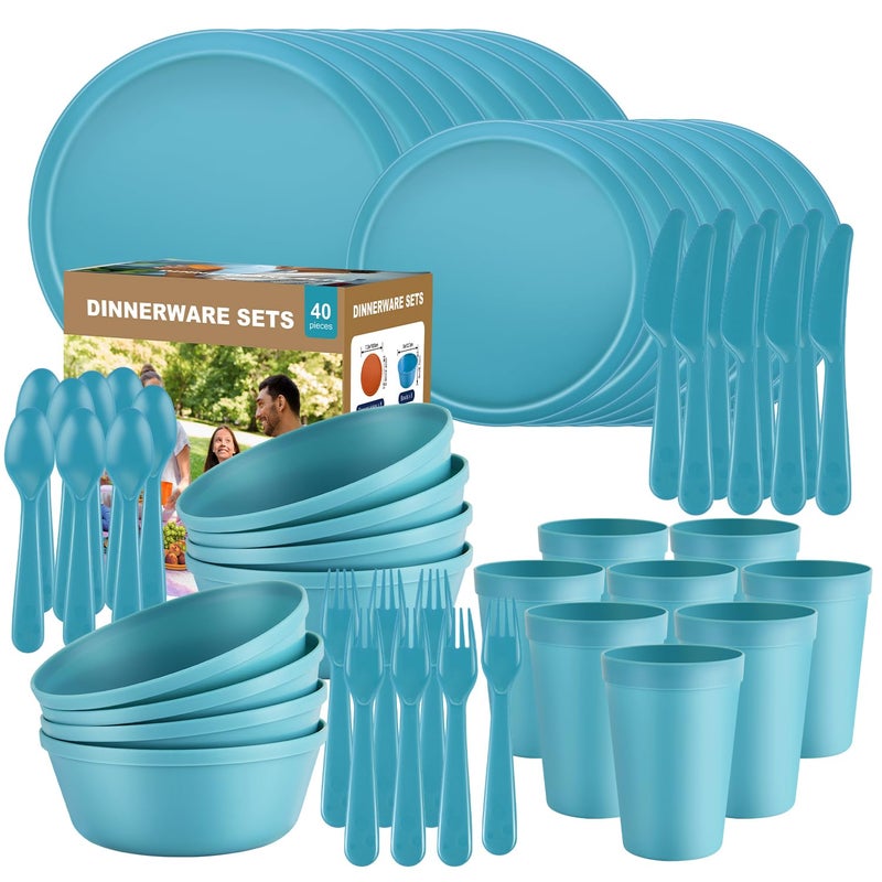 Blwan 40 Piece Plastic Dinnerware Set for 8 with Cutlery, Unbreakable Plates and Bowls Set, Dishwasher & Microwave Safe Reusable Dish Set for Camping, RV, Outdoor Kitchen, Apartment Dining, Teal - Image 1