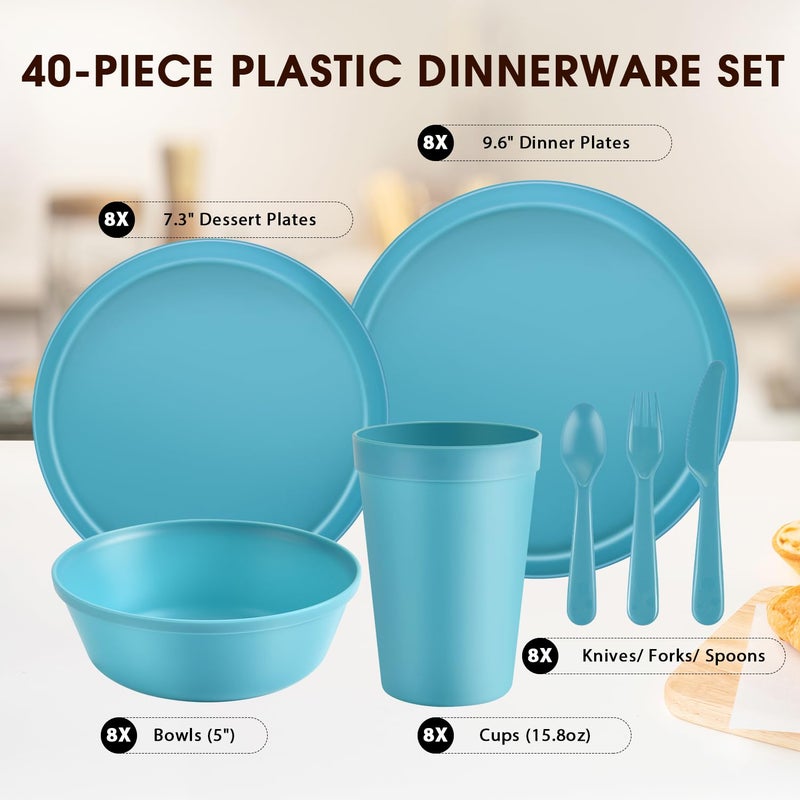 Blwan 40 Piece Plastic Dinnerware Set for 8 with Cutlery, Unbreakable Plates and Bowls Set, Dishwasher & Microwave Safe Reusable Dish Set for Camping, RV, Outdoor Kitchen, Apartment Dining, Teal - Image 2