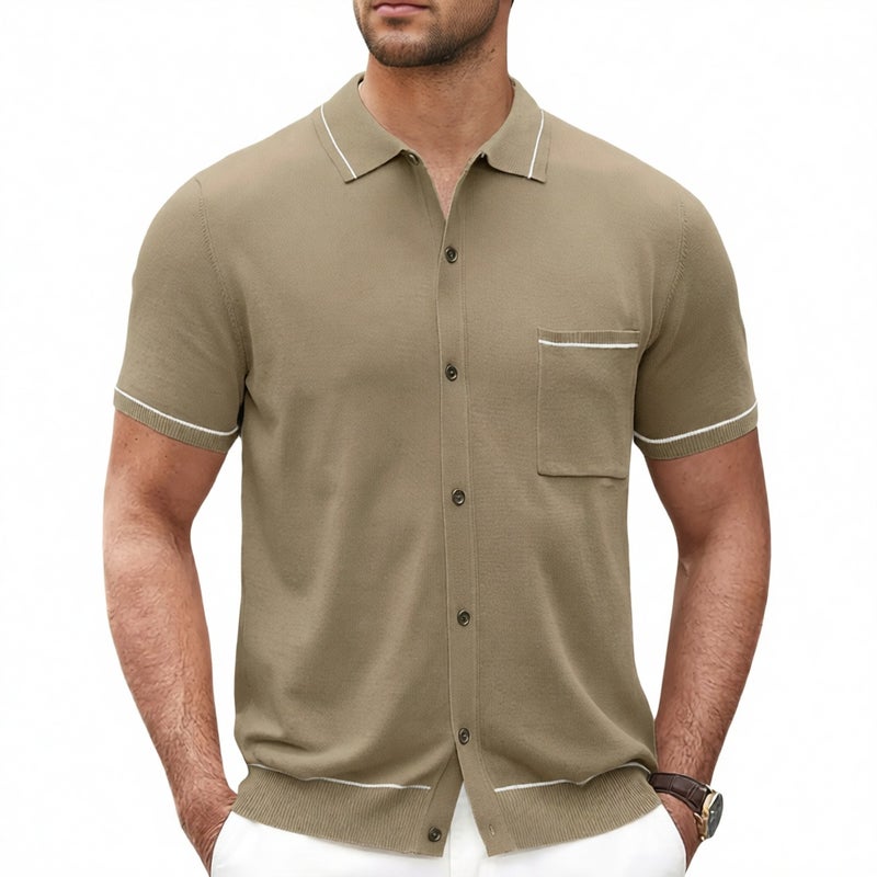 Men's Casual Knit Cardigan with Three-Dimensional Patch Pockets, Knit Polo Shirt