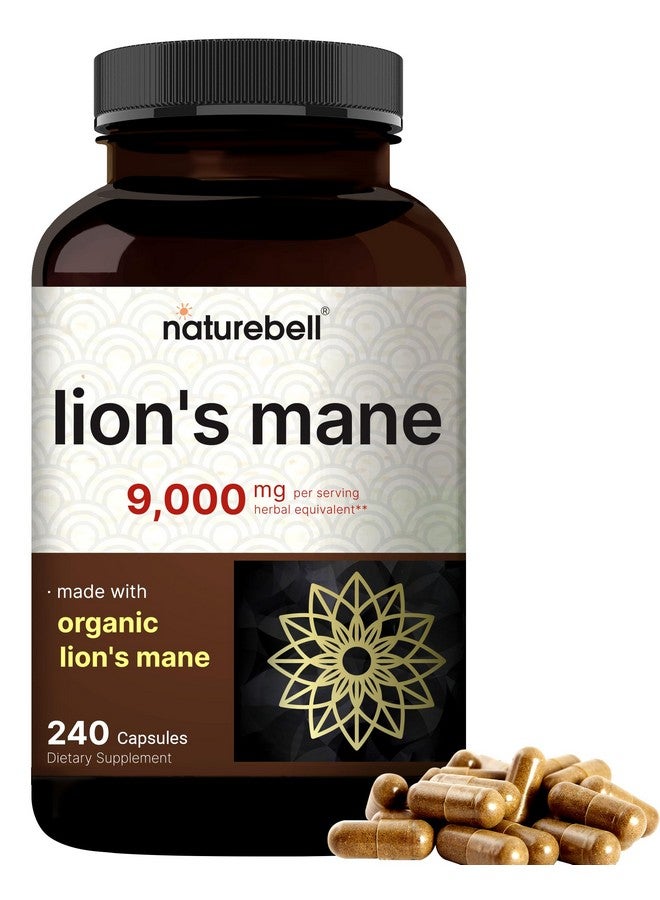 NatureBell كبسولات مكمل فطر ذيل الأسد 9,000 ملغ، 240 كبسولة | إمداد لمدة 120 يوم - مصنوع من مستخلص مسحوق ذيل الأسد العضوي - دعم صحة الدماغ المعرفية والمناعة - غير معدّل وراثيًا - Image 1