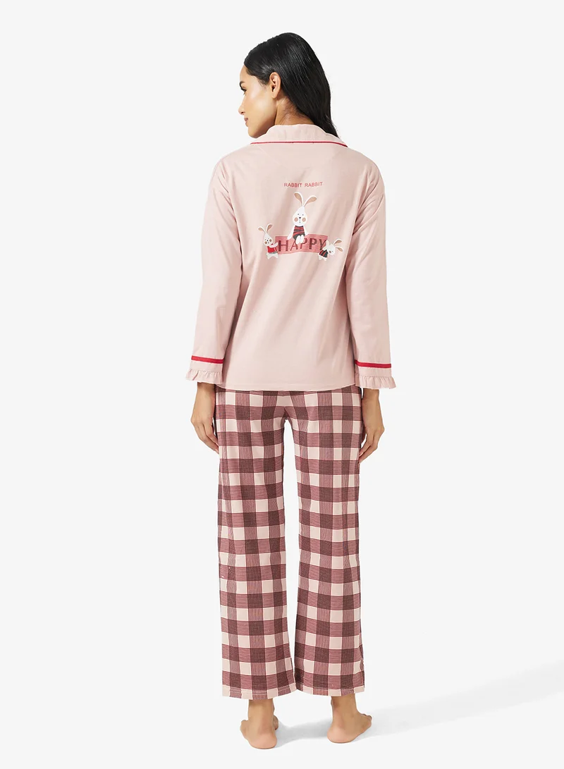 جينجر Button Up Shirt & Checkered Pyjama Set