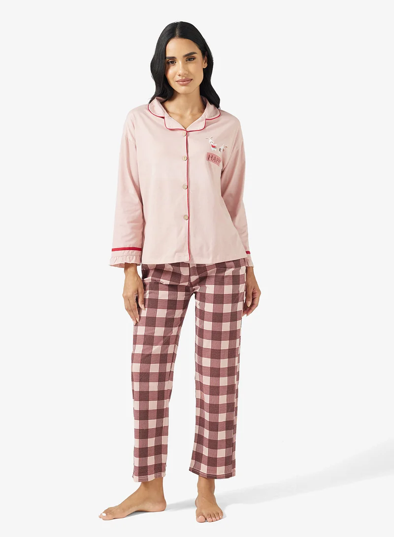 جينجر Button Up Shirt & Checkered Pyjama Set