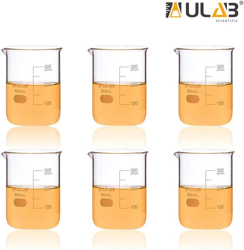 ULAB Scientific Glass Beaker Set, Vol. 300ml, 3.3 Borosilicate Griffin Low Form with Printed Graduation, Pack of 6, UBG1023 - Image 2