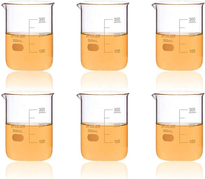 ULAB Scientific Glass Beaker Set, Vol. 300ml, 3.3 Borosilicate Griffin Low Form with Printed Graduation, Pack of 6, UBG1023 - Image 1