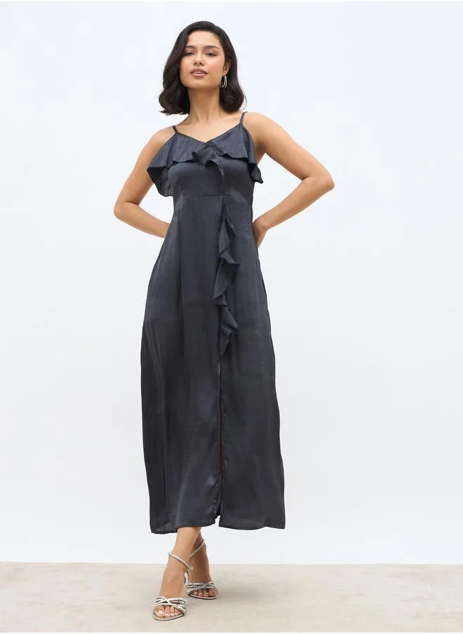 ستايلي Styli Solid Ruffle Trim Strappy A-Line Maxi Dress with Slit
