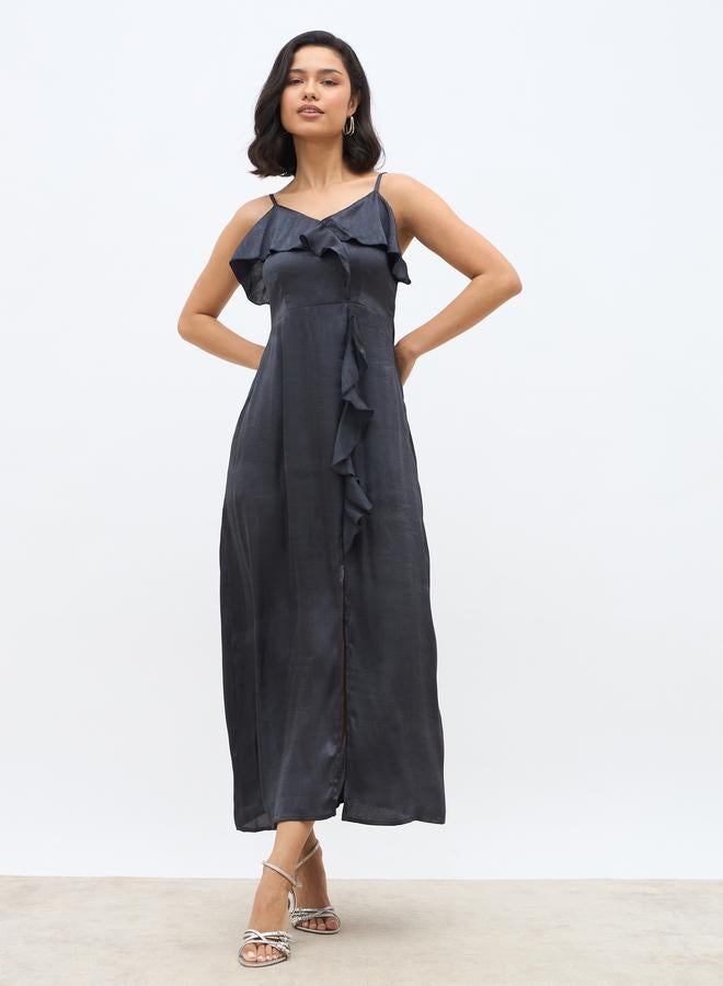 Styli Solid Ruffle Trim Strappy A-Line Maxi Dress with Slit - Image 2
