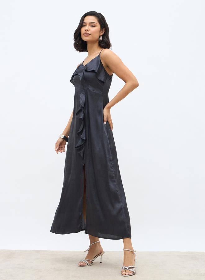 Styli Solid Ruffle Trim Strappy A-Line Maxi Dress with Slit - Image 3