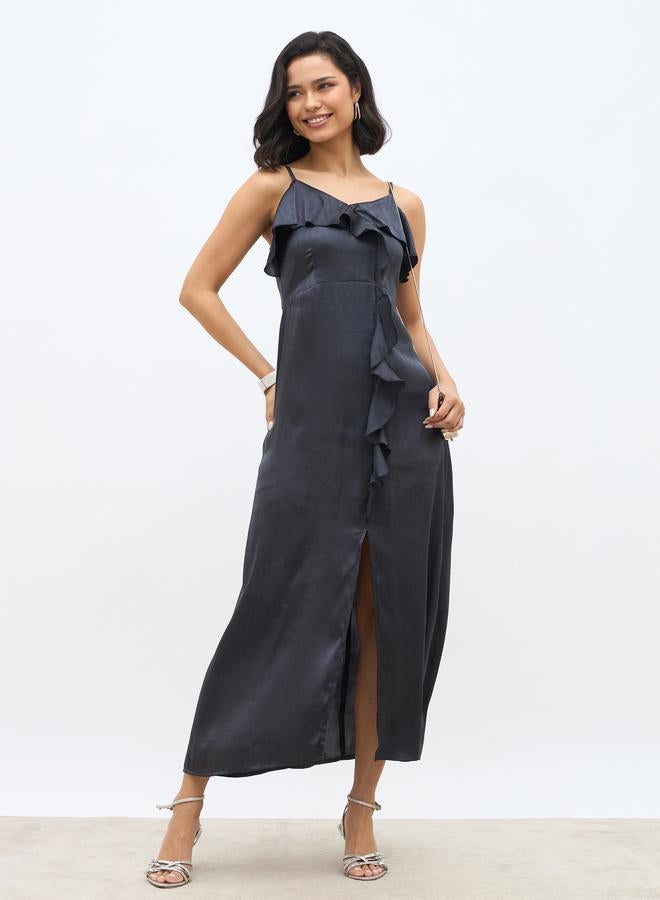 Styli Solid Ruffle Trim Strappy A-Line Maxi Dress with Slit - Image 1