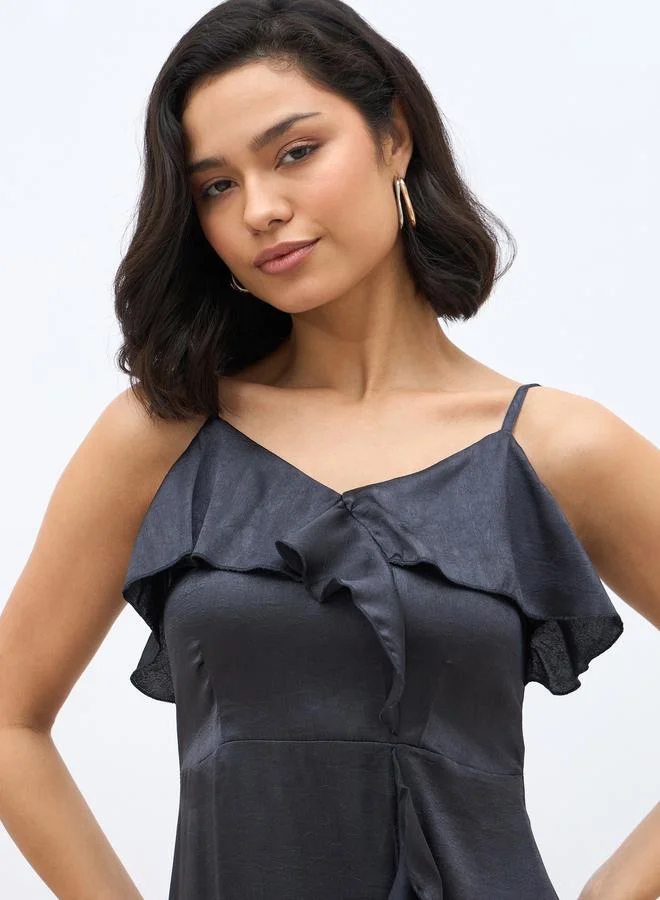 Styli Styli Solid Ruffle Trim Strappy A-Line Maxi Dress with Slit