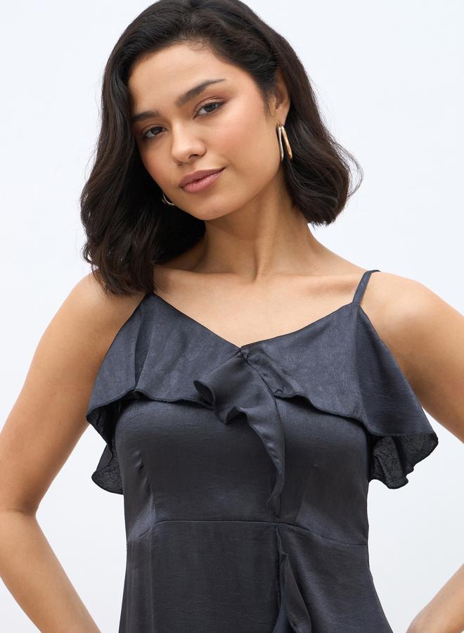 Styli Solid Ruffle Trim Strappy A-Line Maxi Dress with Slit - Image 4