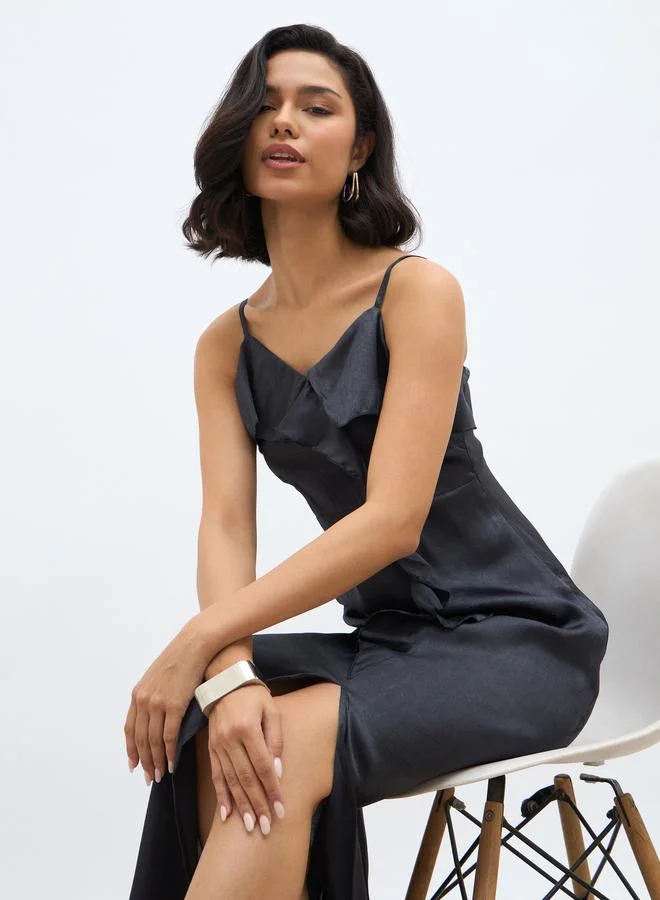 Styli Styli Solid Ruffle Trim Strappy A-Line Maxi Dress with Slit