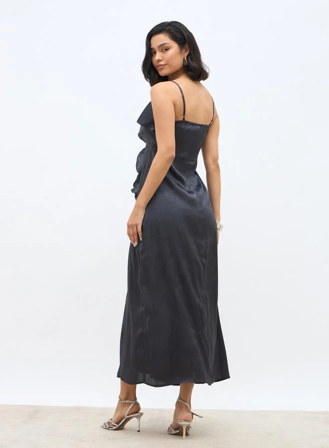 Styli Styli Solid Ruffle Trim Strappy A-Line Maxi Dress with Slit