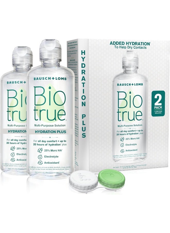 Biotrue محلول بيودراي هيدراشن بلس لترطيب العدسات اللاصقة، محلول متعدد الأغراض للعدسات اللاصقة الناعمة، يتضمن علبة عدسات، 10 أونصة سائلة (عبوة من 2) - Image 1