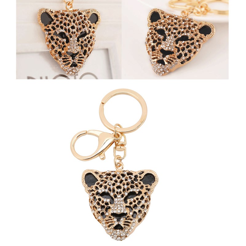 Keychain Exquisite RhinestoneEncrusted Leopard Head Car Bag Pendant for Girl Birthday Gift(Gold ) - Image 2