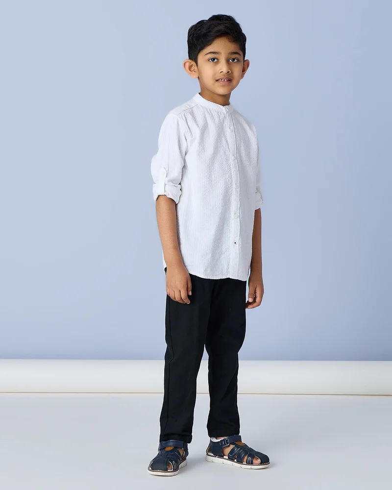 Redtag White Mandarin Collar Seersucker Shirt