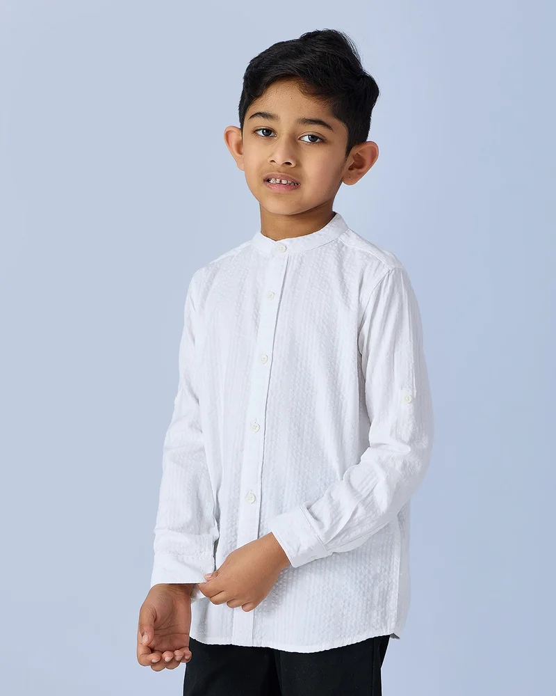 Redtag White Mandarin Collar Seersucker Shirt