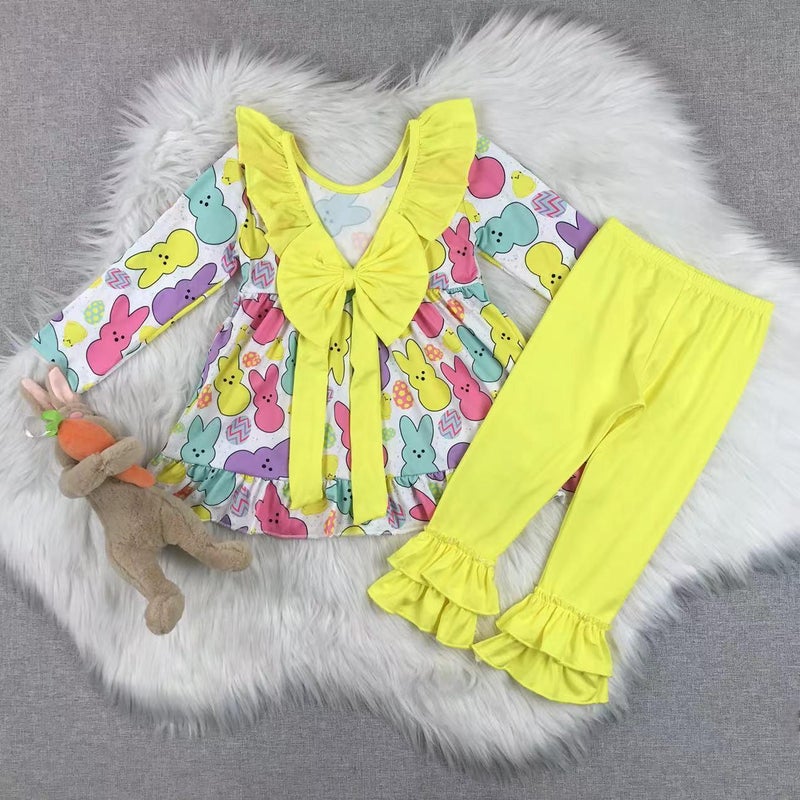 Baby Children'S Clothing Girls New Pink Figure Live Rabbit Color Stripe Flared Pants Suit - Image 4