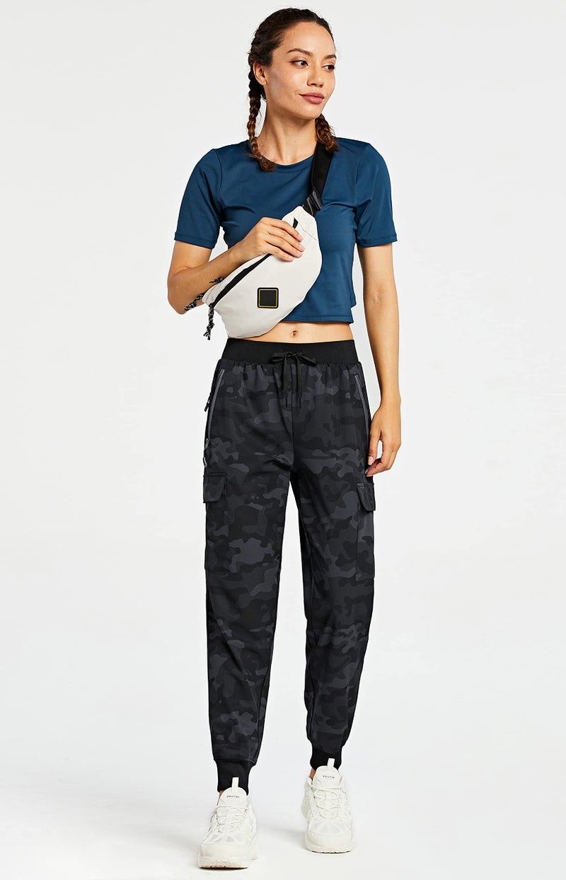 Libin Women's Camo Cargo Joggers Lightweight Quick Dry Hiking Pants Athletic Lounge Casual Travel, Camo Black L - Image 3