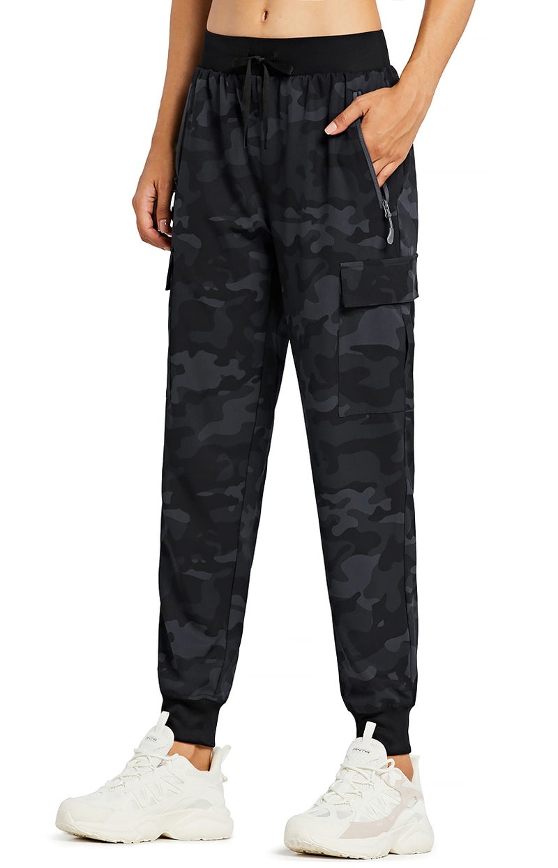 Libin Women's Camo Cargo Joggers Lightweight Quick Dry Hiking Pants Athletic Lounge Casual Travel, Camo Black L - Image 1