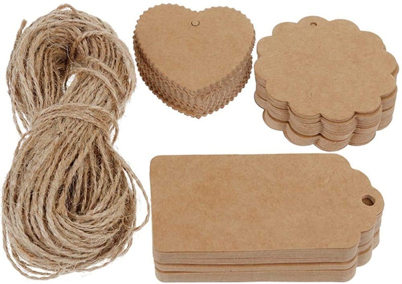 CVANU CVANU 120pcs Premium Gift Tags, Double-Sided Available Kraft Paper Price Tags with 120 Root Natural Jute Twine, Craft Tags Labels Treats Tags for Wedding Christmas Day Thanksgiving  - Image 1