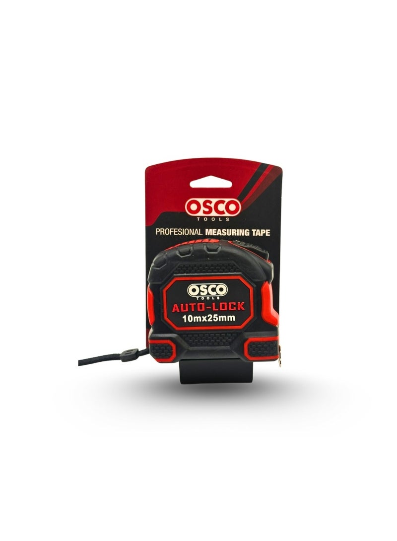 OSCO-TOOLS OSCO 10-Meter Rubber-Coated Measuring Tape, Heavy-Duty Non-Slip Design with Metal Clip and Lock Button for Precision Measurements, Ideal for Construction, Carpentry, and Industrial Work.