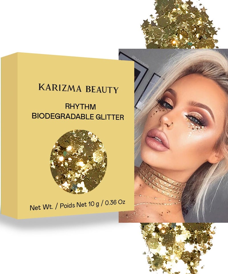 KARIZMA Rhythm Biodegradable Chunky Glitter  Karizma Beauty Gold Bio Glitter Eco Glitter Face Glitter Festival Chunky 10g 
