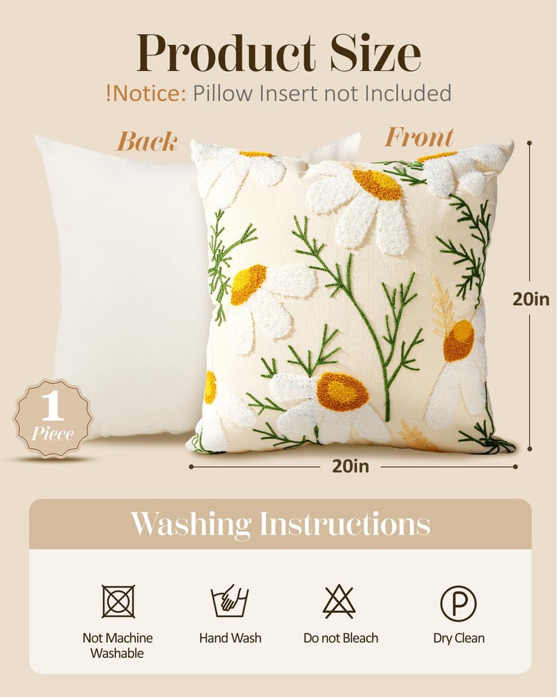 Kokaaee Embroidered Throw Pillow Cover - 20x20 Decorative Pillow Cover with Zipper Aesthetic Cute Design Boho Spring Summer Cozy Throw Pillowcase for Living Room Couch Sofa Bed, Daisy - Image 4