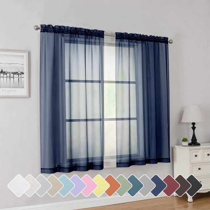 NAVY SHORT SHEER CURTAINS 45 INCH LENGTH FOR SMALL WINDOWS ROD POCKET 2 PANELS SET SOLID VOILE DRAPES WINDOW SHEER CURTAINS FOR BEDROOM BATHROOM KIDS ROOM KITCHEN 42X45 INCH NAVY