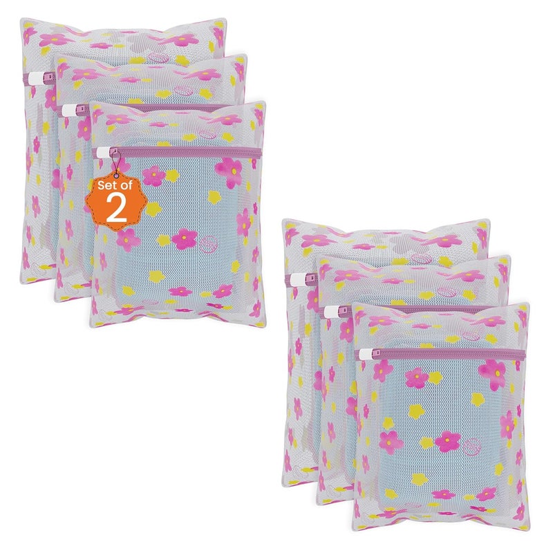 Kuber Industries Set of 6 Polyester Mesh Laundry Bag with Zip Reusable Washing Bags for Washing Machine Ideal for Lingerie Delicate Fabric Shoes Protection YZ92 Sunflower Design Pink - Image 1