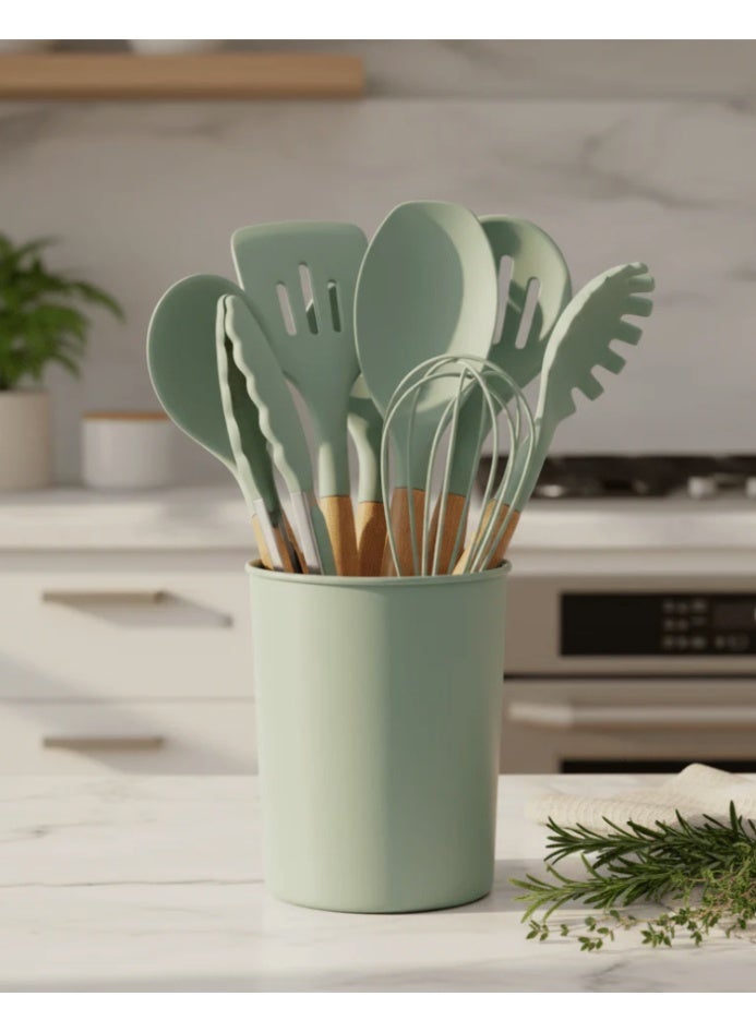 AKDC Yi Guan Silicone Kitchen Utensils Set with Wooden Handle - 12 Pieces - Assorted Colors - Image 1