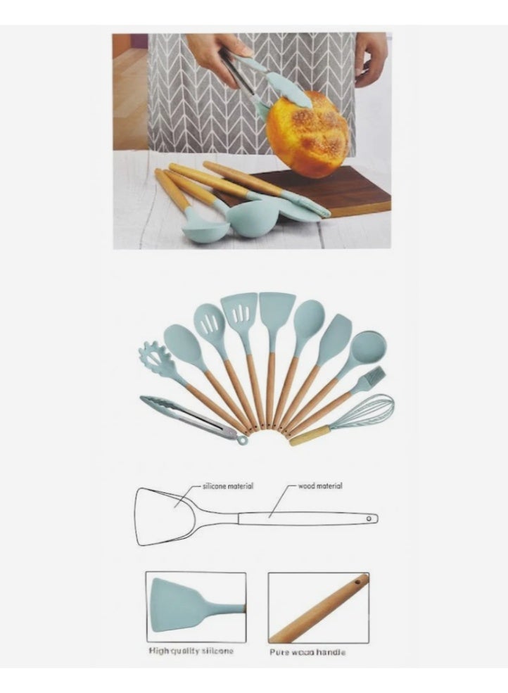 AKDC Yi Guan Silicone Kitchen Utensils Set with Wooden Handle - 12 Pieces - Assorted Colors - Image 3