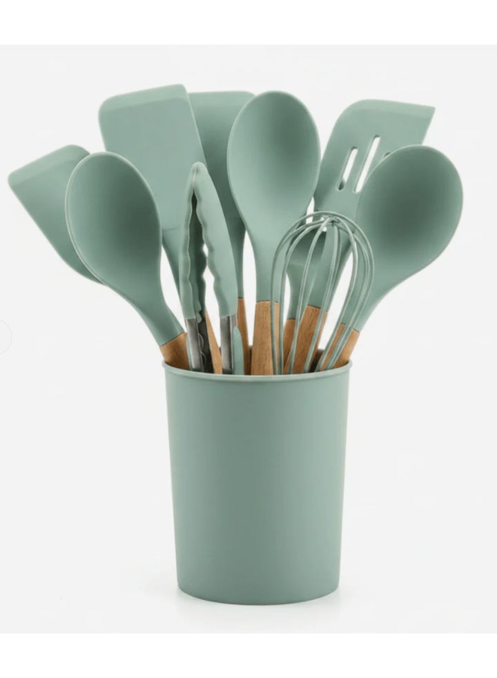 AKDC Yi Guan Silicone Kitchen Utensils Set with Wooden Handle - 12 Pieces - Assorted Colors - Image 2