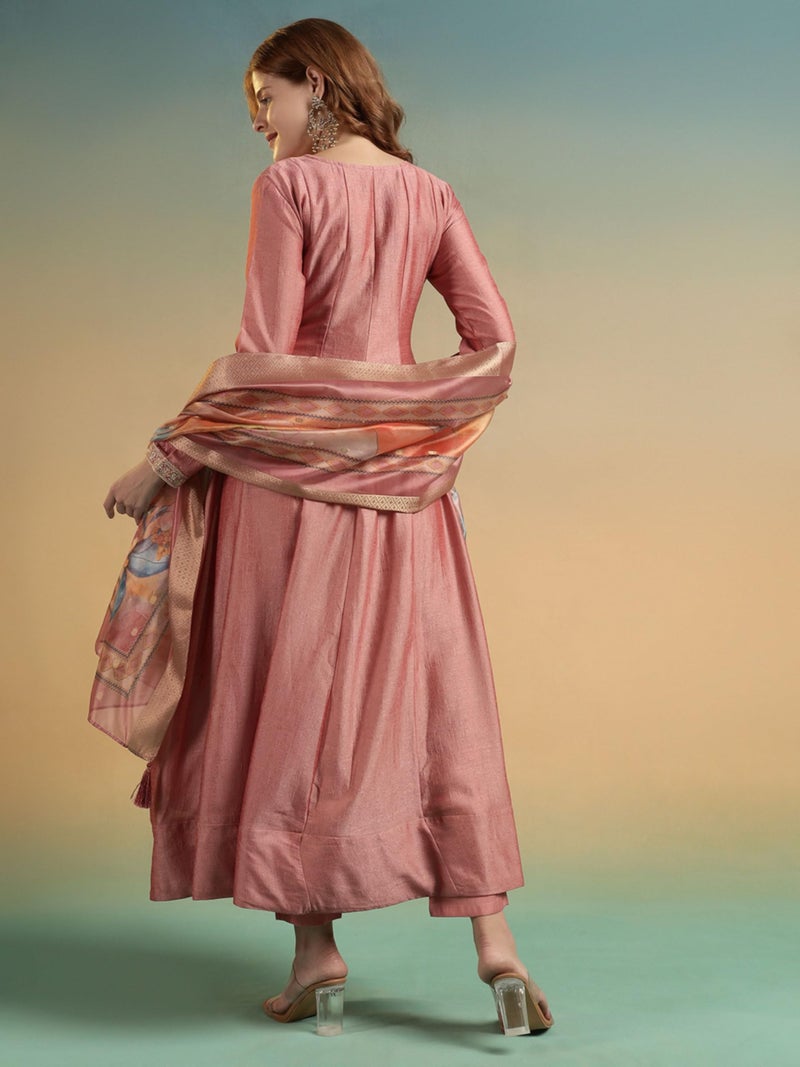 SHOPPING QUEEN Women's Silk Embroidered Kurta Set with Dupatta (A672_Peach_XL) - Image 2