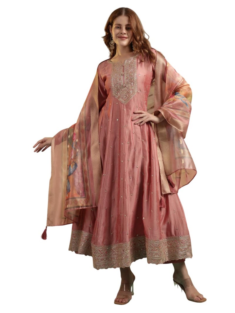 SHOPPING QUEEN Women's Silk Embroidered Kurta Set with Dupatta (A672_Peach_XL) - Image 1