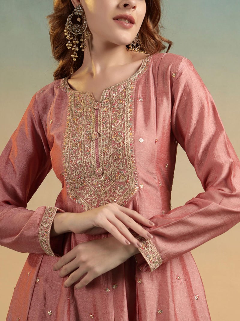 SHOPPING QUEEN Women's Silk Embroidered Kurta Set with Dupatta (A672_Peach_XL) - Image 4