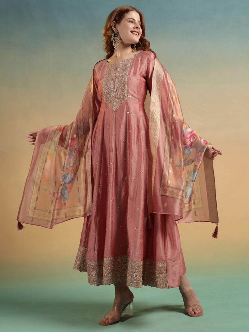 SHOPPING QUEEN Women's Silk Embroidered Kurta Set with Dupatta (A672_Peach_XL) - Image 3