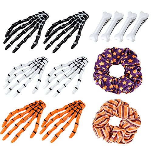 ASTARON 12 Pcs Skeleton Hands Bone Hair Clips and Elastic Hair Ties Bands Horror Hair Clip for Women Girls Halloween Dress Up